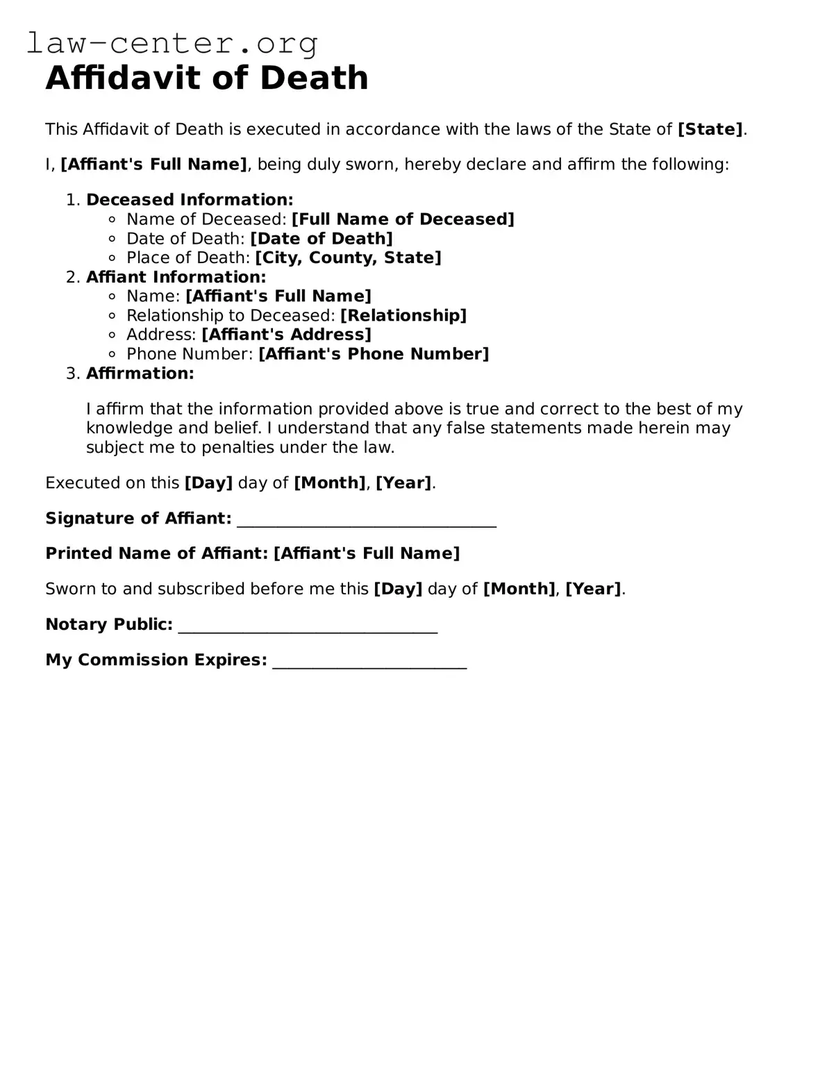Free Affidavit of Death Template