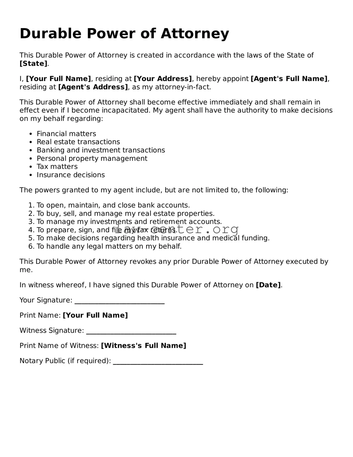 Free Durable Power of Attorney Template