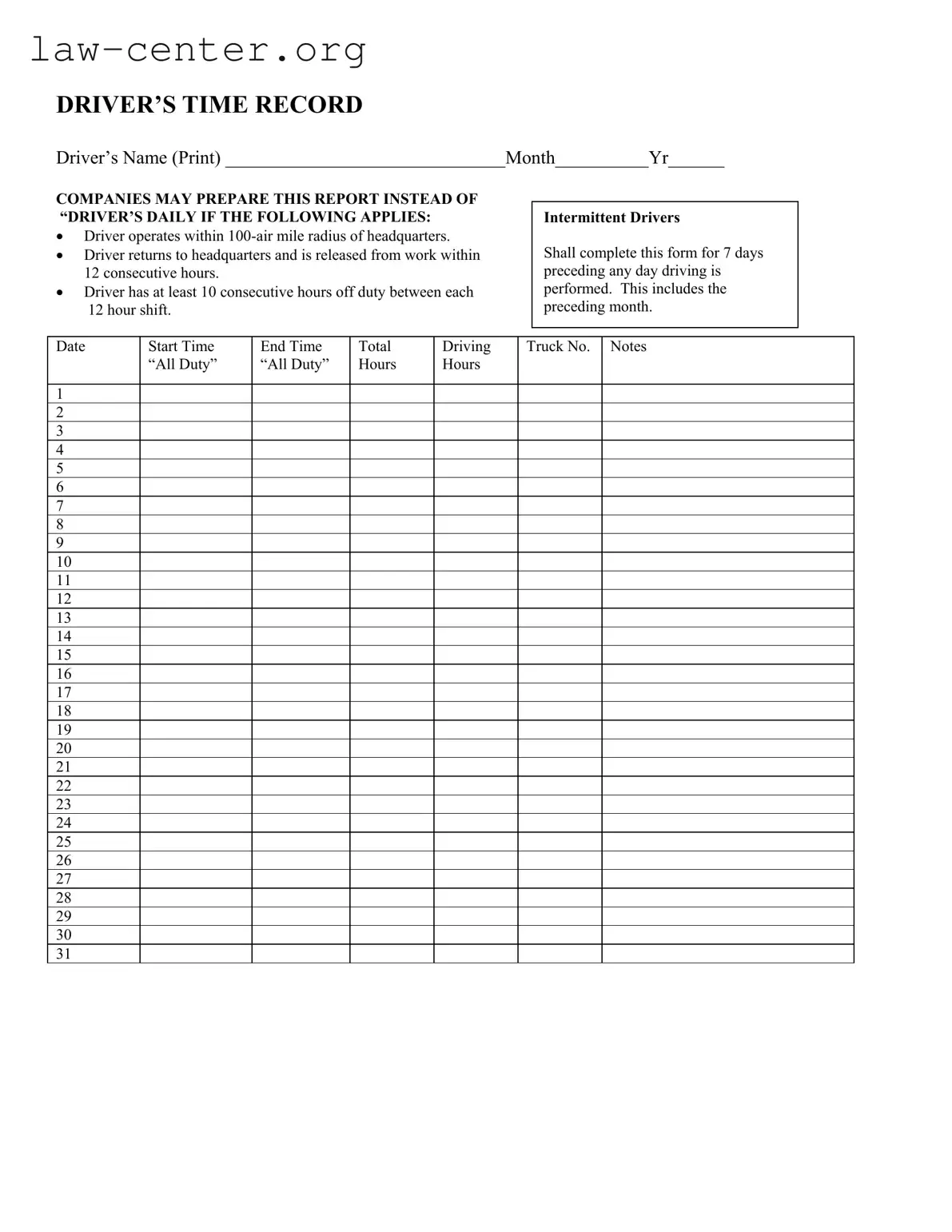 Get Driver Time Record Form