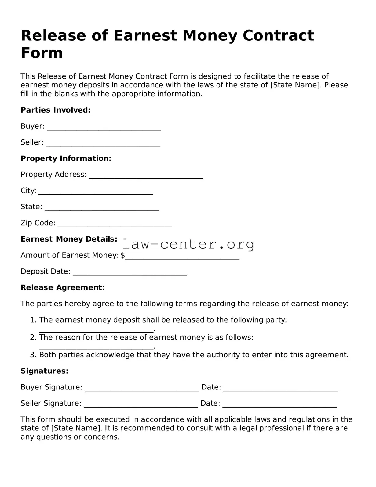 Free Release of Earnest Money Contract Form Template