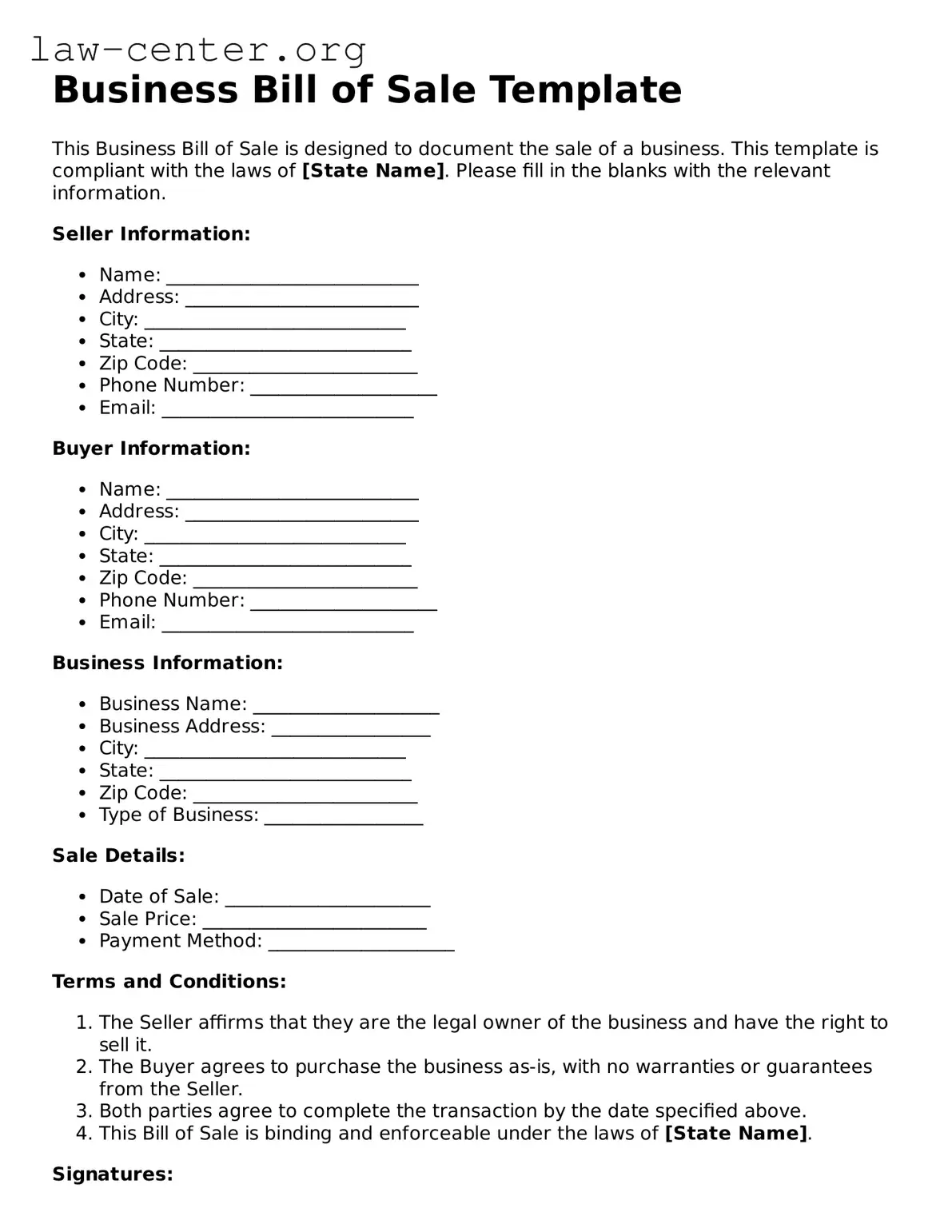 Free Business Bill of Sale Template