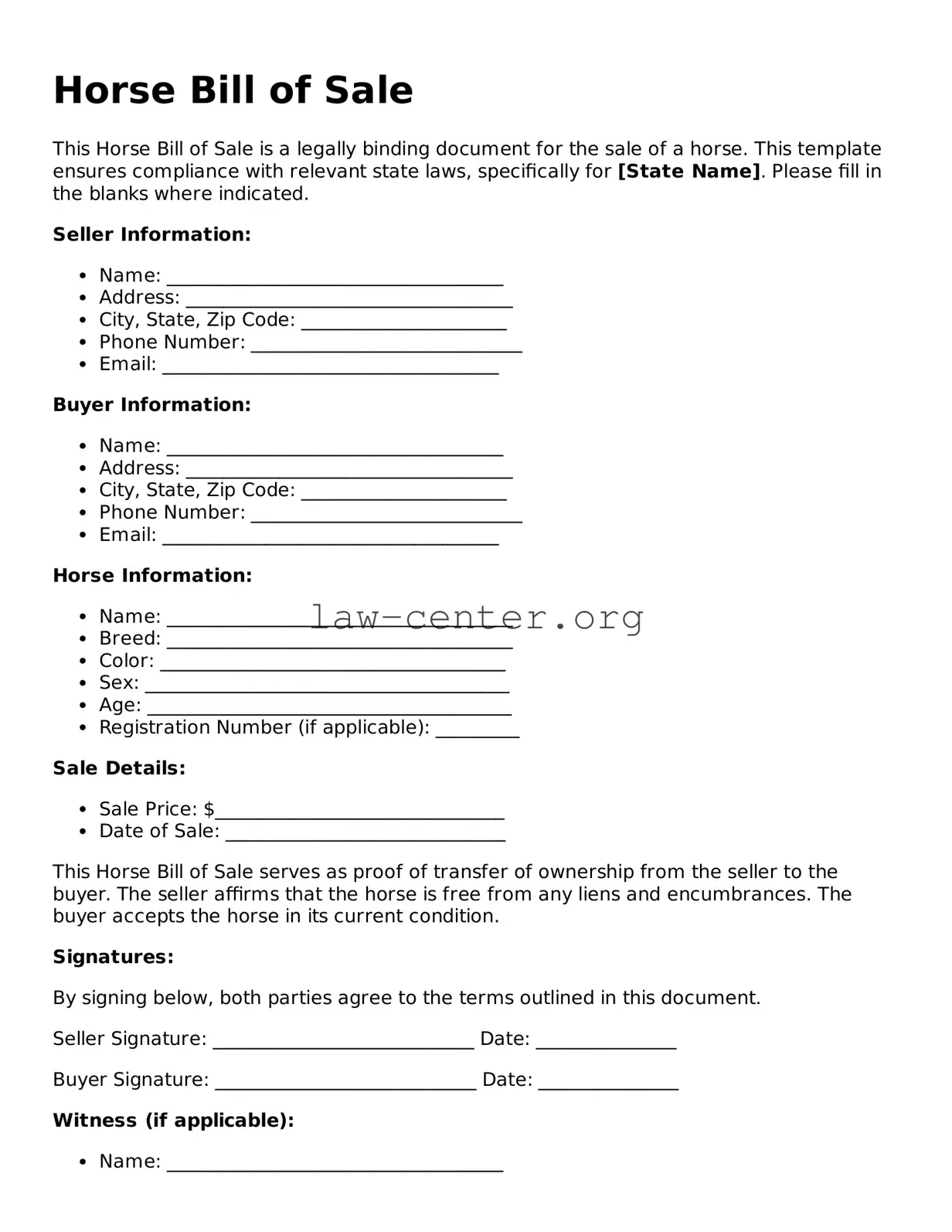 Free Horse Bill of Sale Template