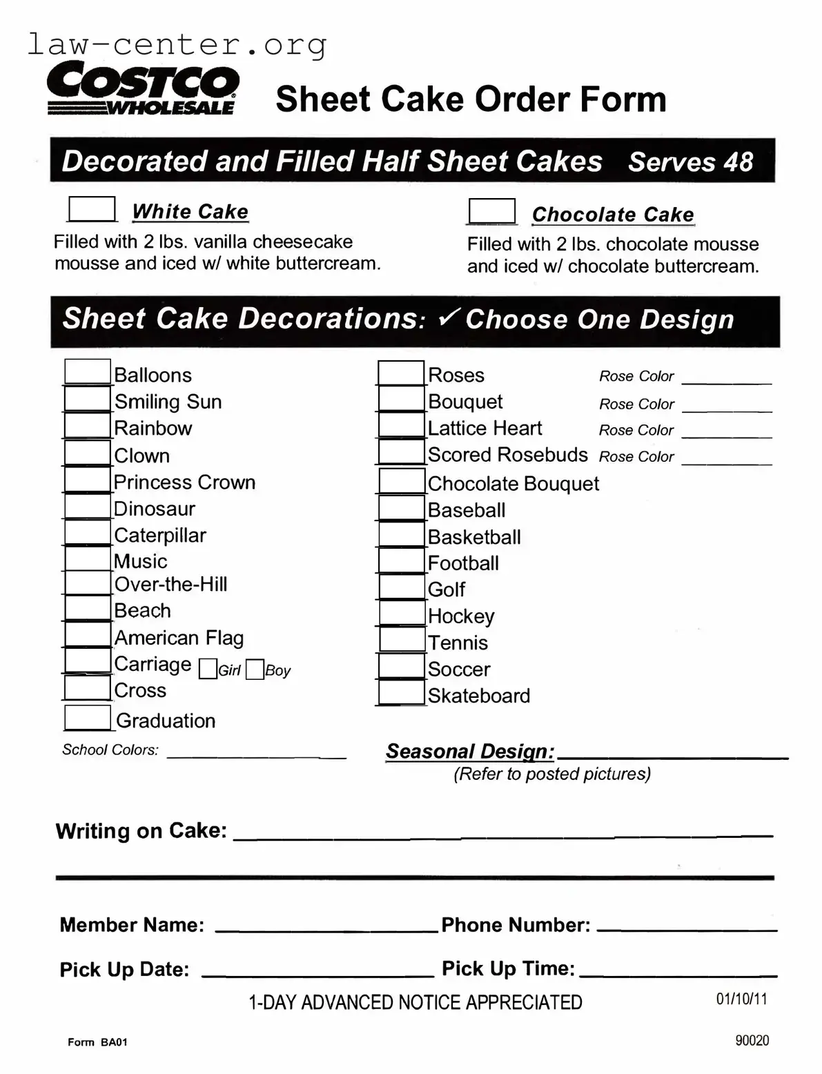 Get Costco cake order form Form