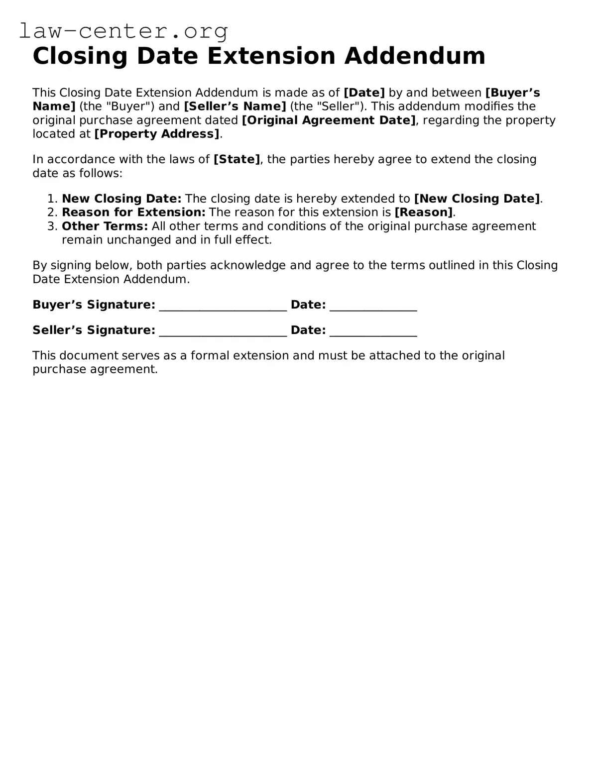 Free Closing Date Extension Addendum Template