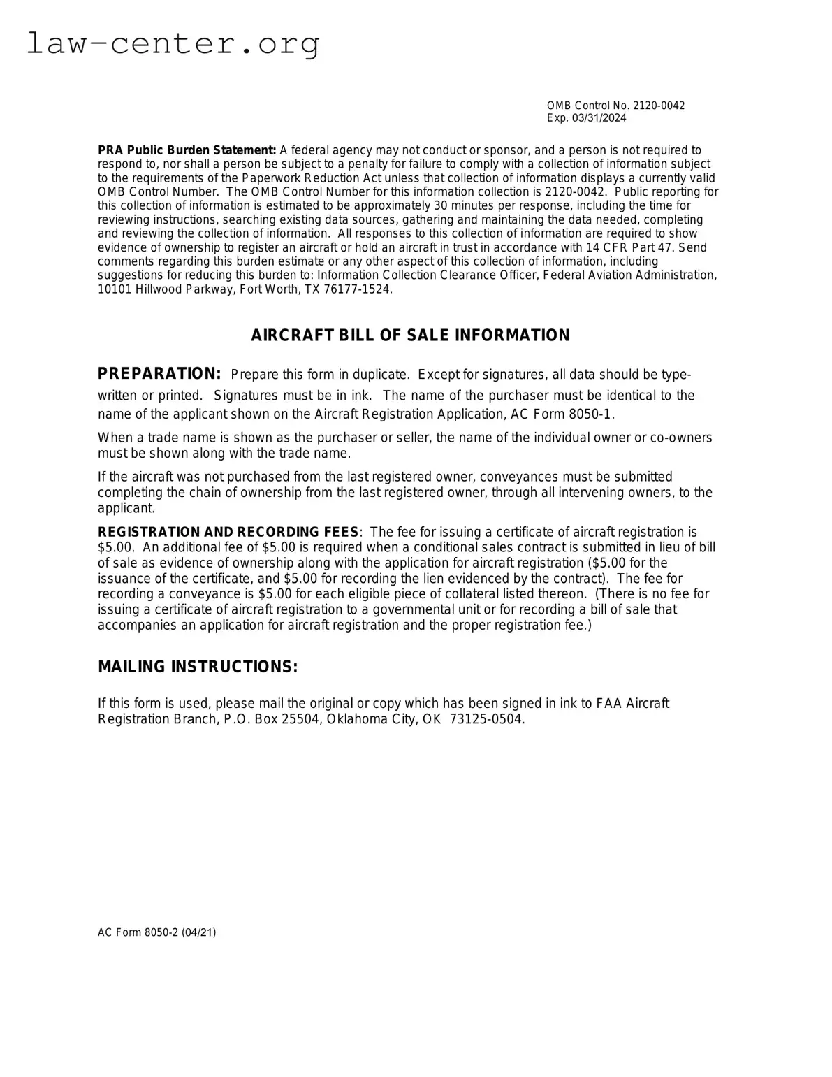 Get Aircraft Bill of Sale AC 8050-2 Form
