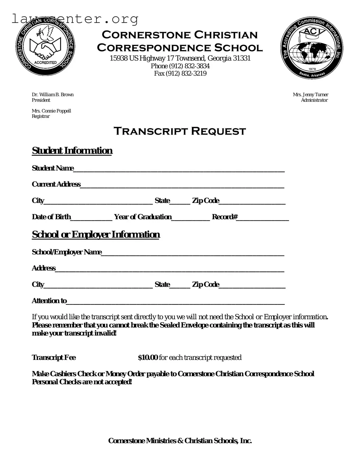 Get Cornerstone Christian Correspondence School Transcript Form
