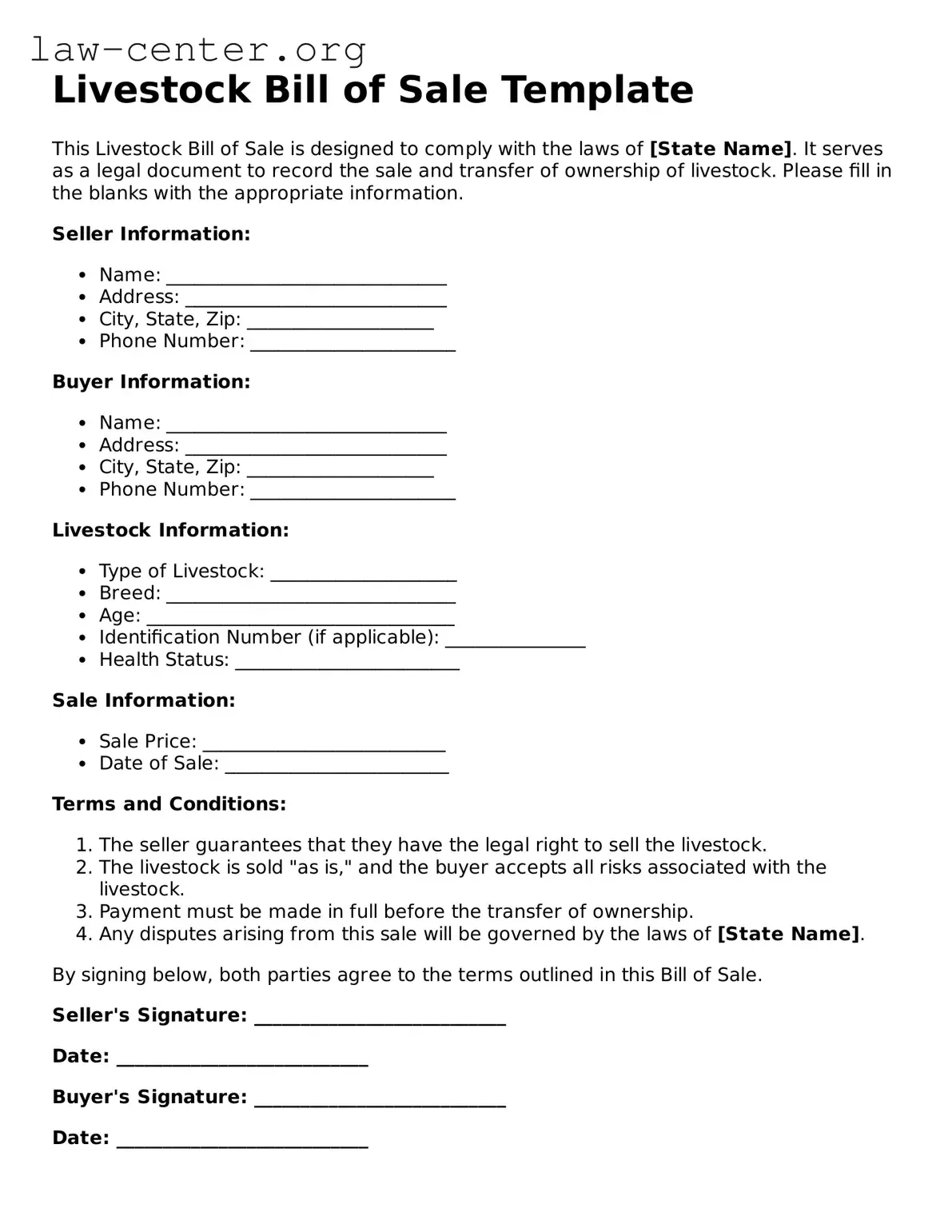 Free Livestock Bill of Sale Template