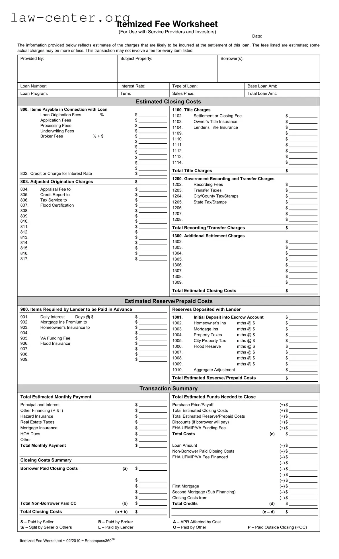 Get Fee Worksheet Form