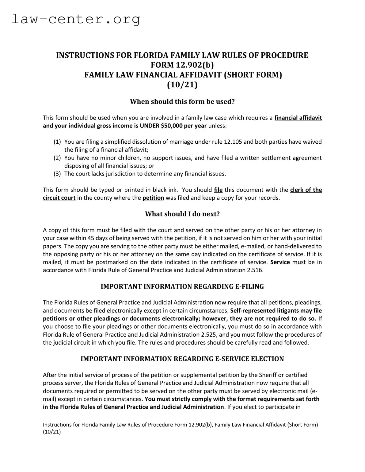 Get Florida Financial Affidavit Short 12.902(b) Form