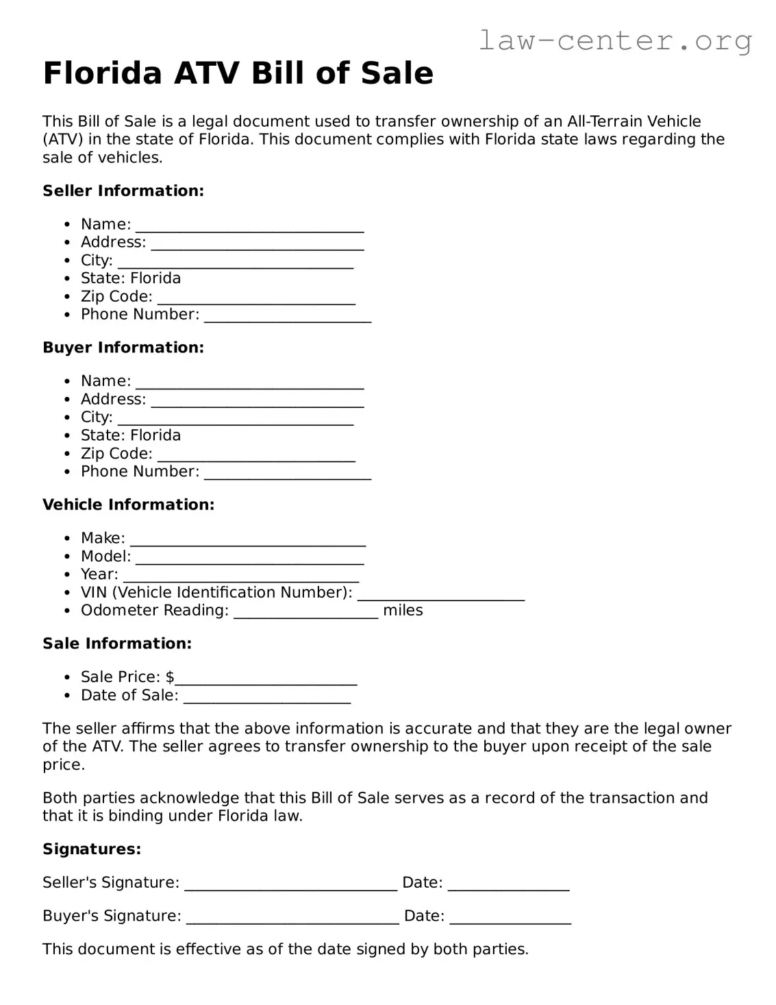 Attorney-Approved Florida ATV Bill of Sale Document