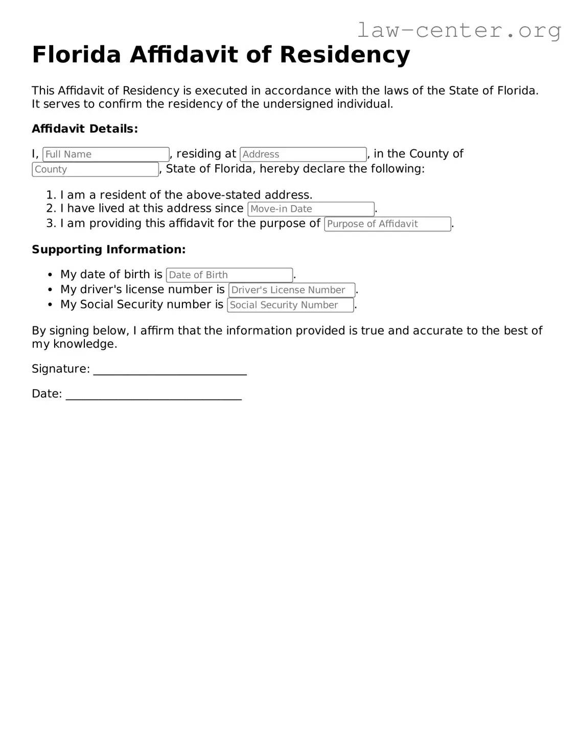 Attorney-Approved Florida Affidavit of Residency Document