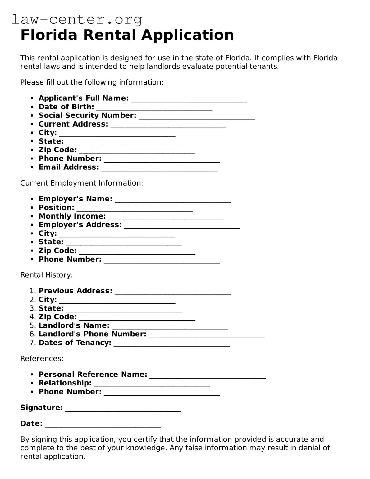 Attorney-Approved Florida Rental Application Document