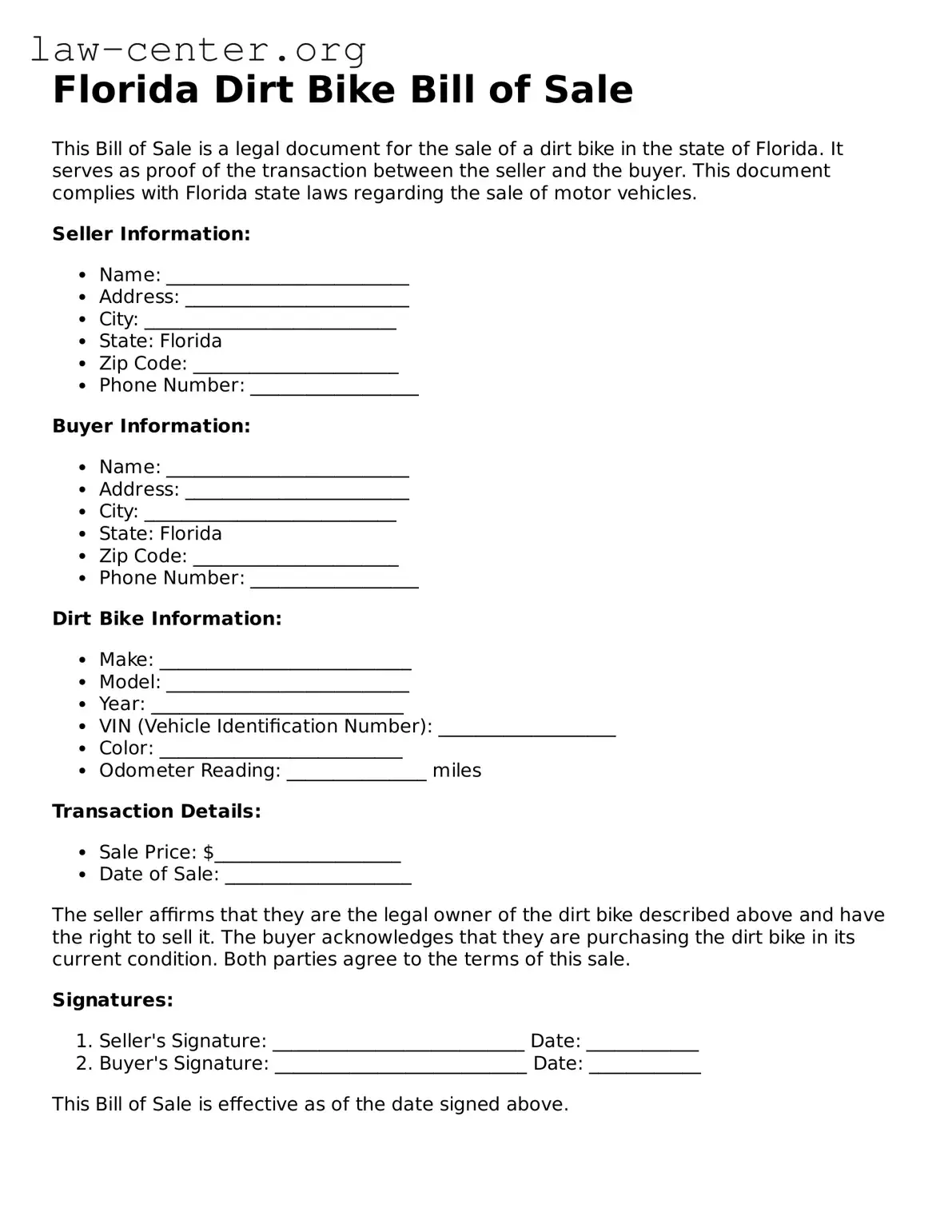 Attorney-Approved Florida Dirt Bike Bill of Sale Document