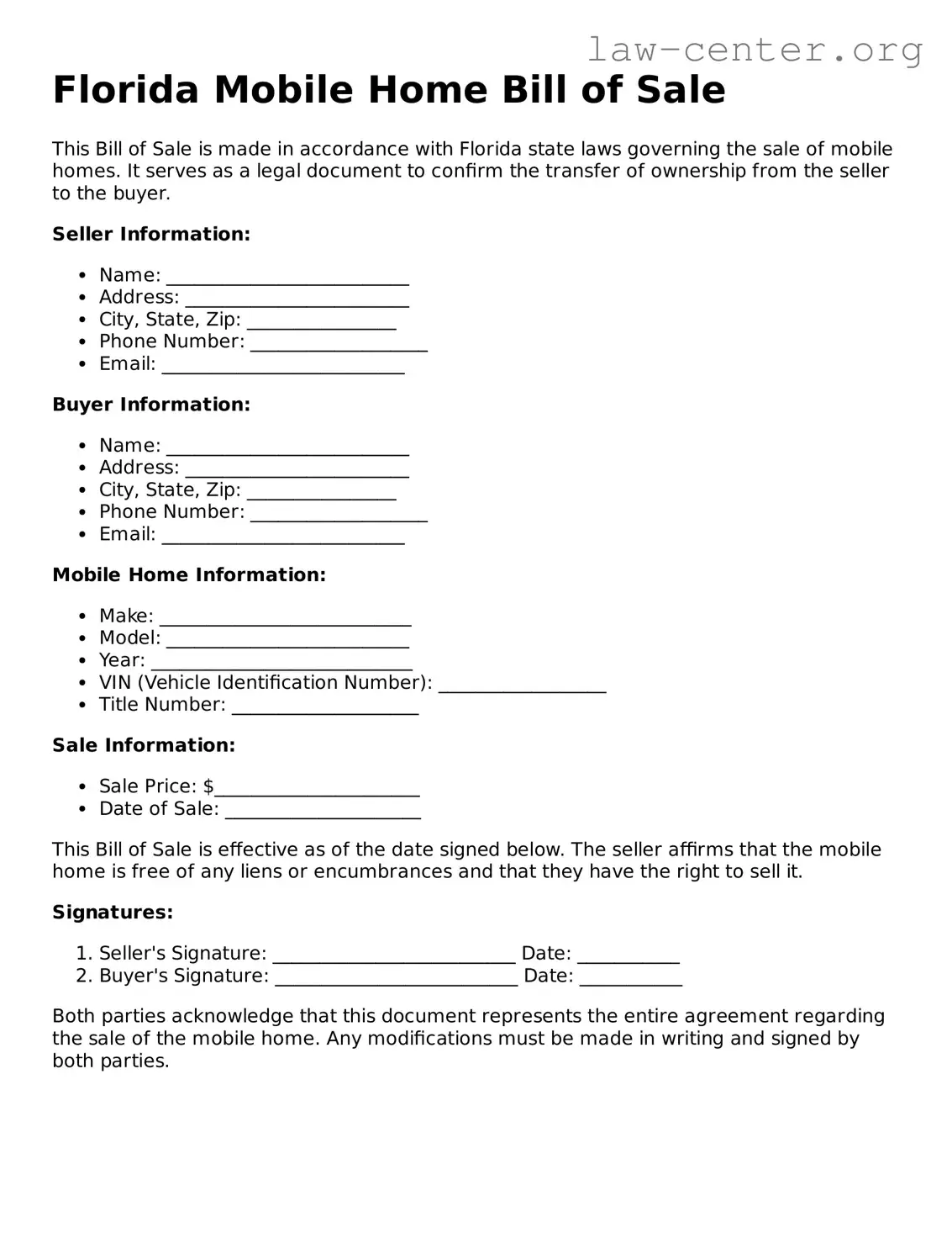 Attorney-Approved Florida Mobile Home Bill of Sale Document
