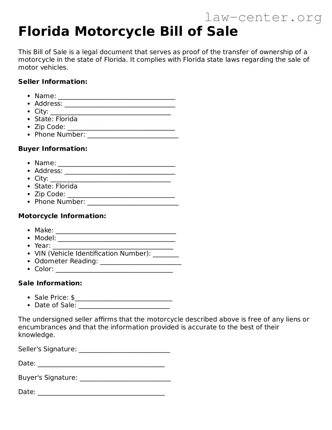 Attorney-Approved Florida Motorcycle Bill of Sale Document