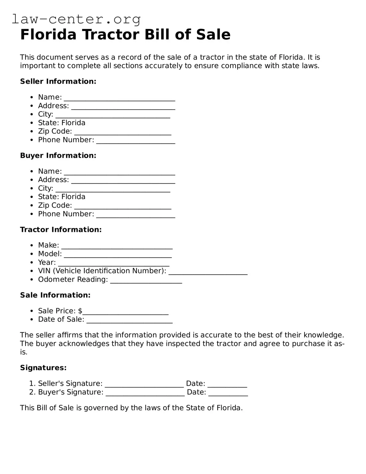 Attorney-Approved Florida Tractor Bill of Sale Document
