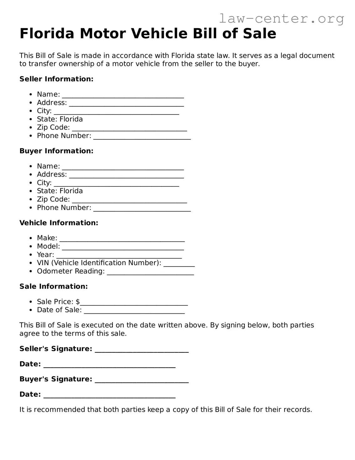 Attorney-Approved Florida Motor Vehicle Bill of Sale Document