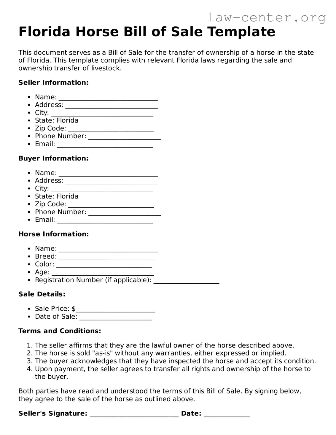 Attorney-Approved Florida Horse Bill of Sale Document