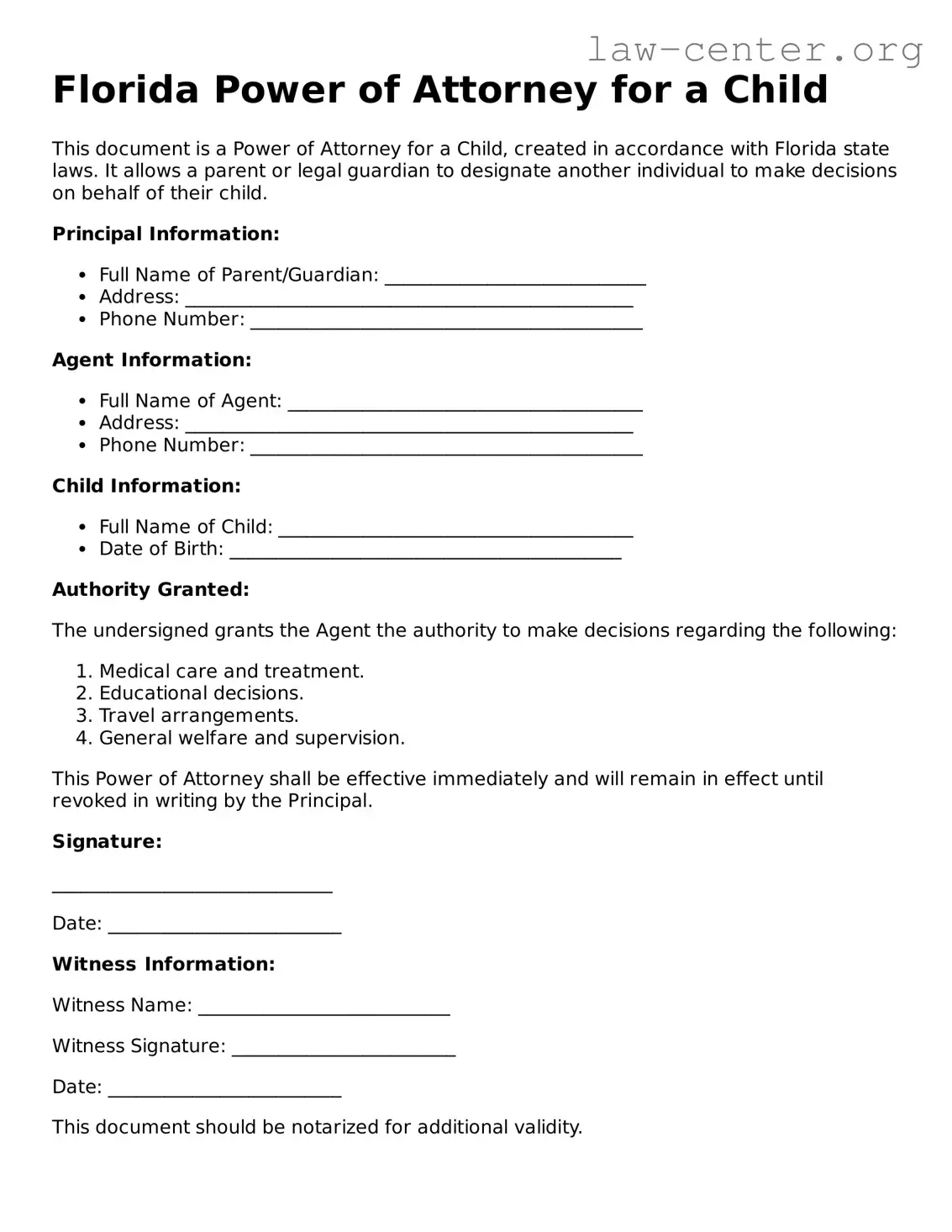 Attorney-Approved Florida Power of Attorney for a Child Document