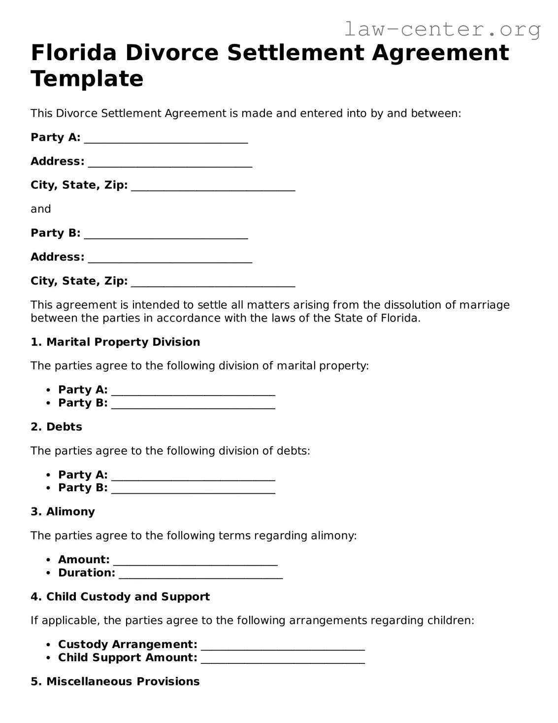 Attorney-Approved Florida Divorce Settlement Agreement Document