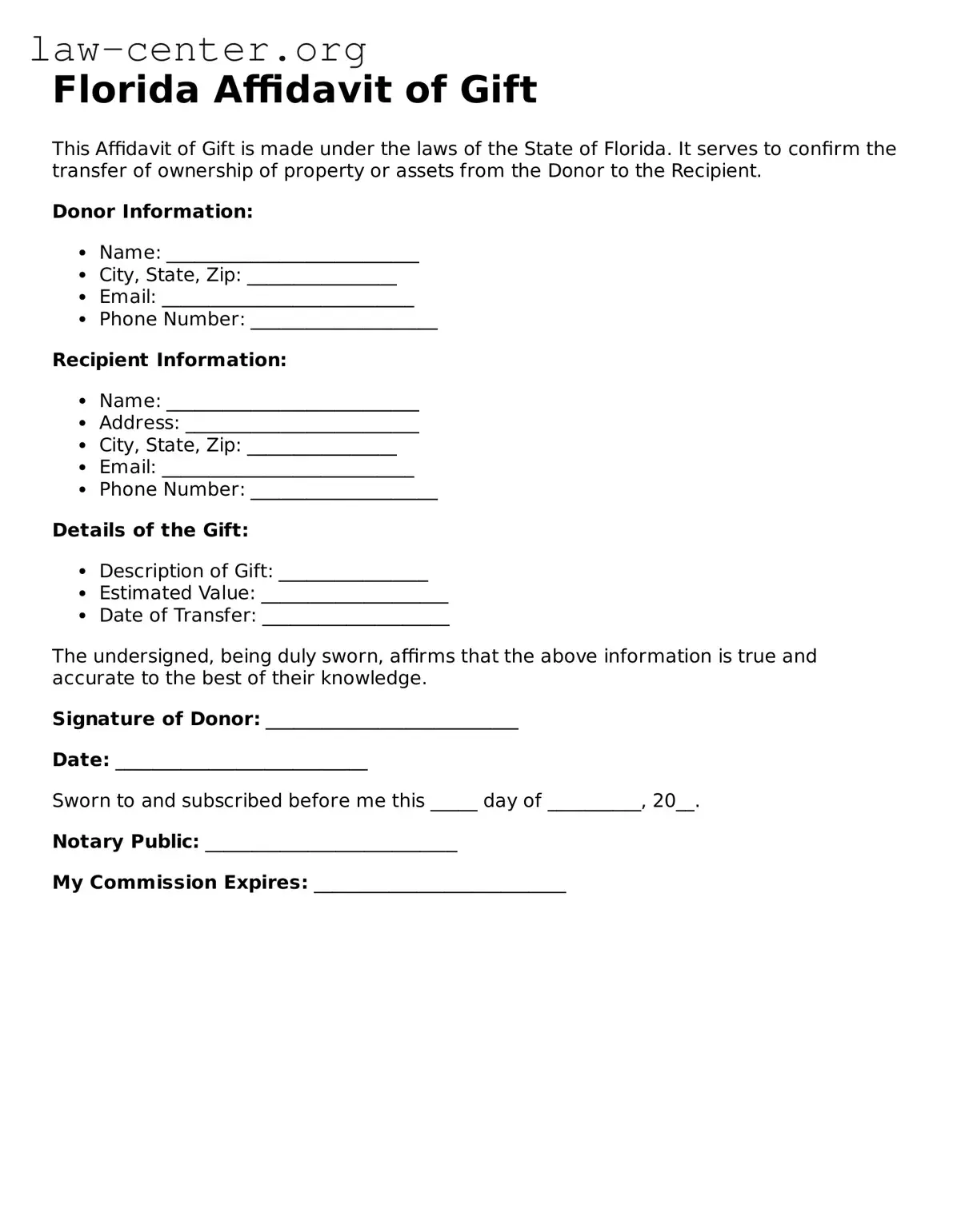 Attorney-Approved Florida Affidavit of Gift Document