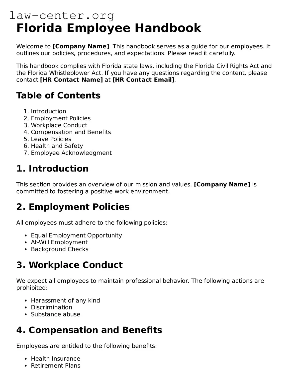 Attorney-Approved Florida Employee Handbook Document