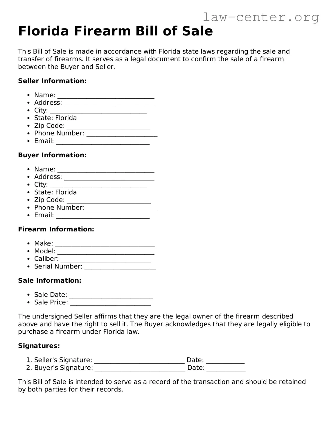 Attorney-Approved Florida Firearm Bill of Sale Document