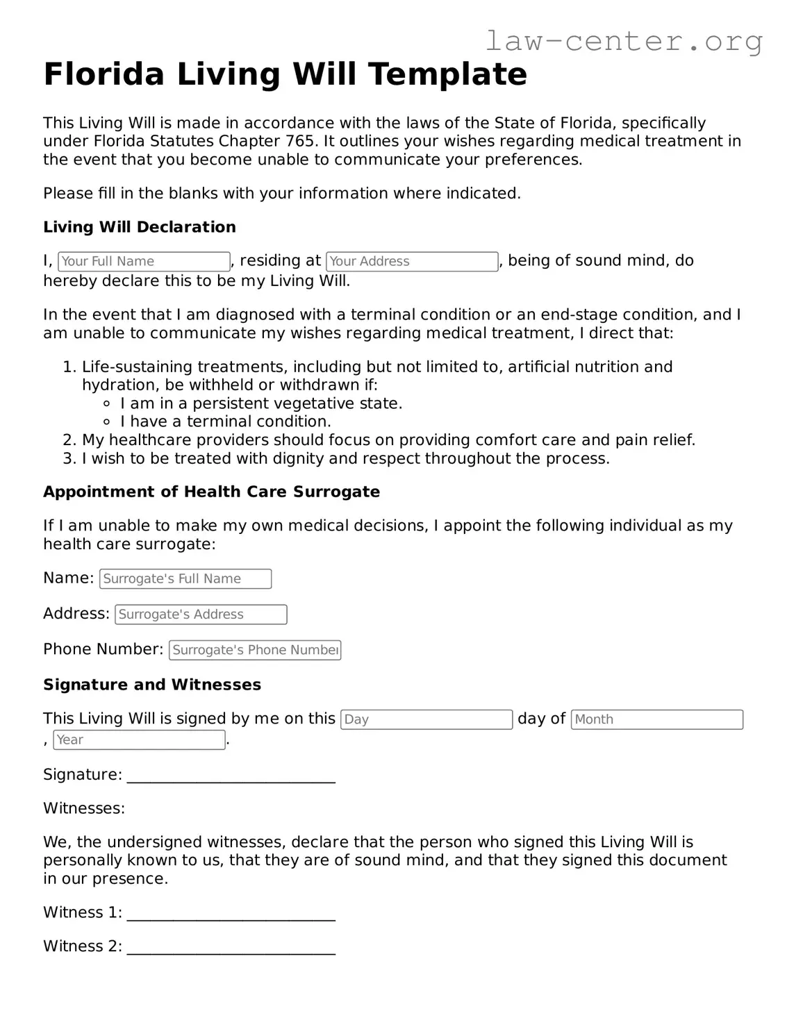 Attorney-Approved Florida Living Will Document