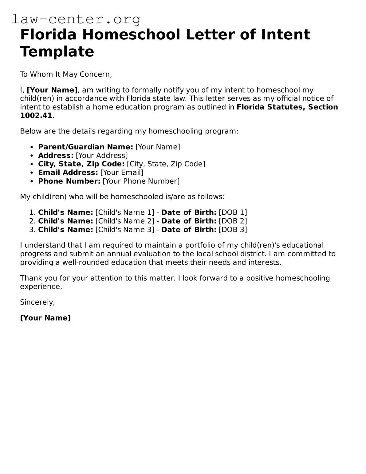 Attorney-Approved Florida Homeschool Letter of Intent Document