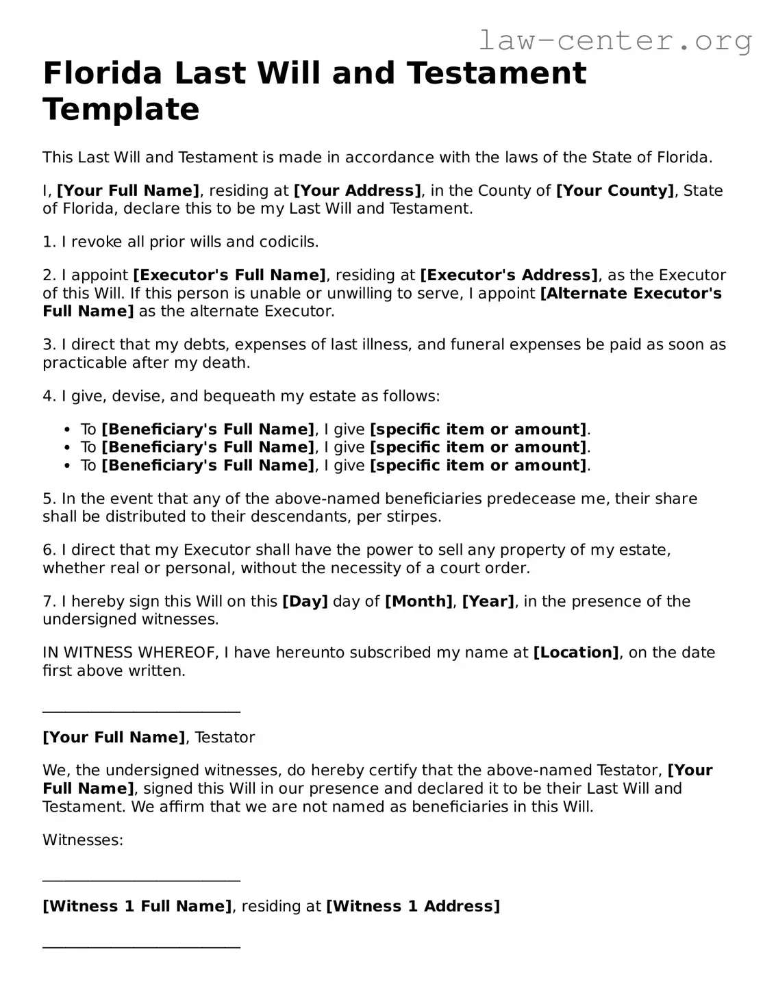 Attorney-Approved Florida Last Will and Testament Document