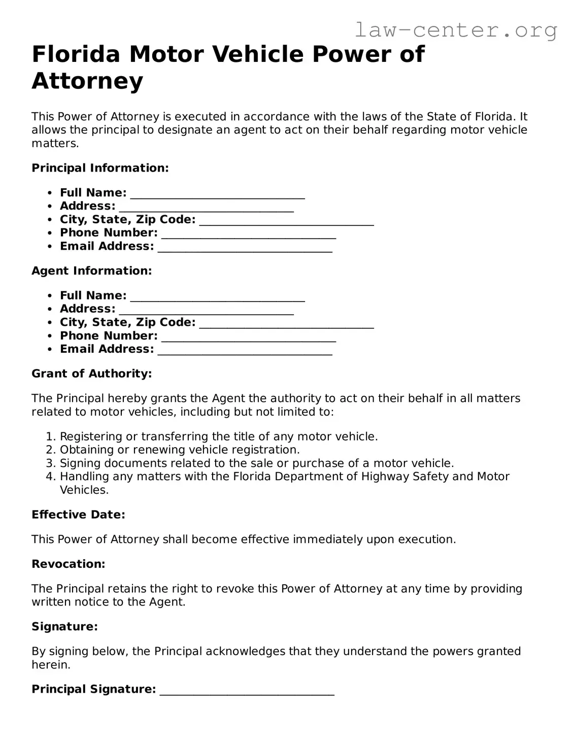 Attorney-Approved Florida Motor Vehicle Power of Attorney Document