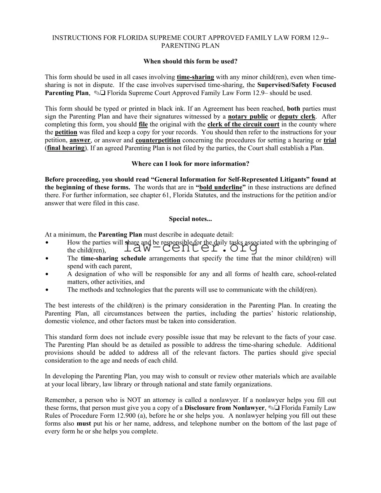 Get Parenting Plan Examples Florida Form