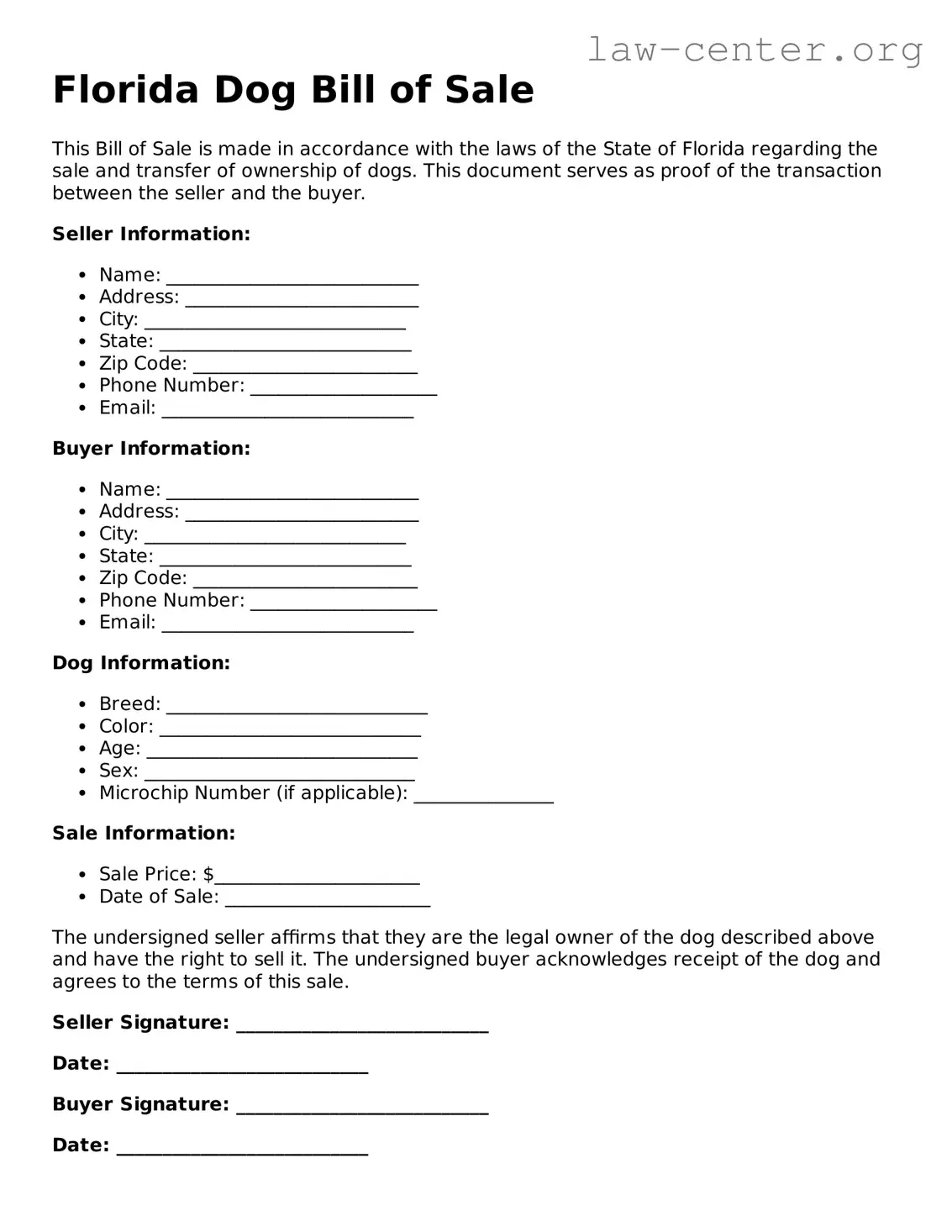 Attorney-Approved Florida Dog Bill of Sale Document