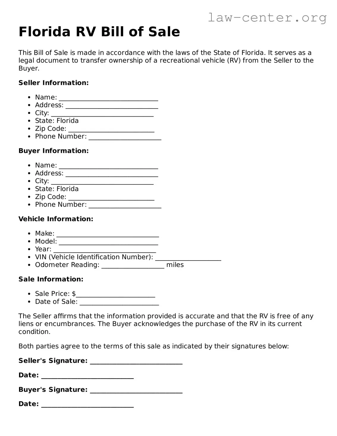 Attorney-Approved Florida RV Bill of Sale Document
