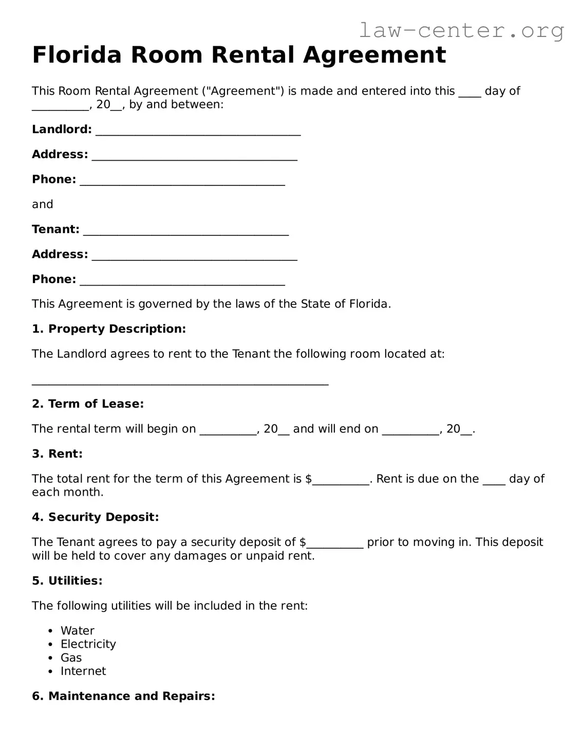 Attorney-Approved Florida Room Rental Agreement Document