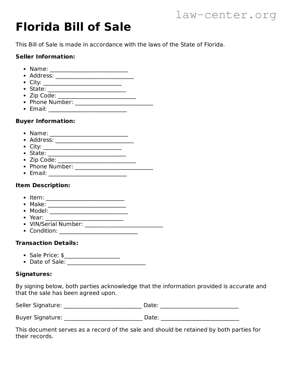 Attorney-Approved Florida Bill of Sale Document