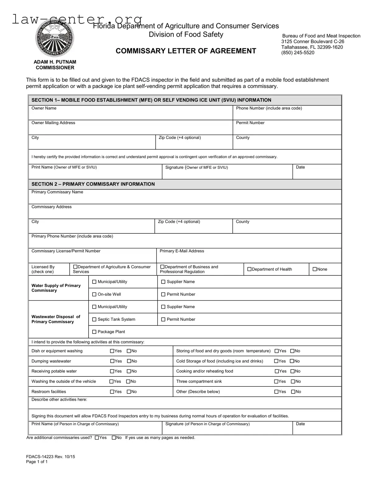 Get Florida Commissary Letter Of Agreement Form