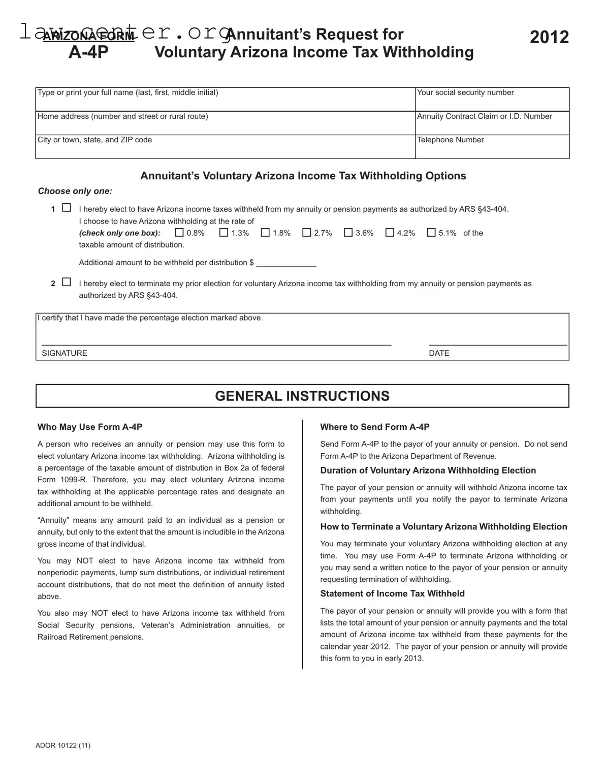 Get Arizona A 4P Form