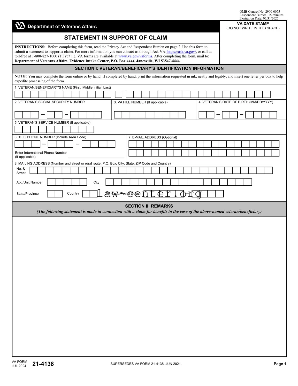 Get VBA VA 21 4138 Form
