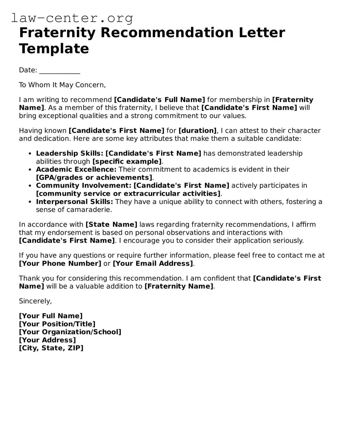 Free Fraternity Recommendation Letter Template