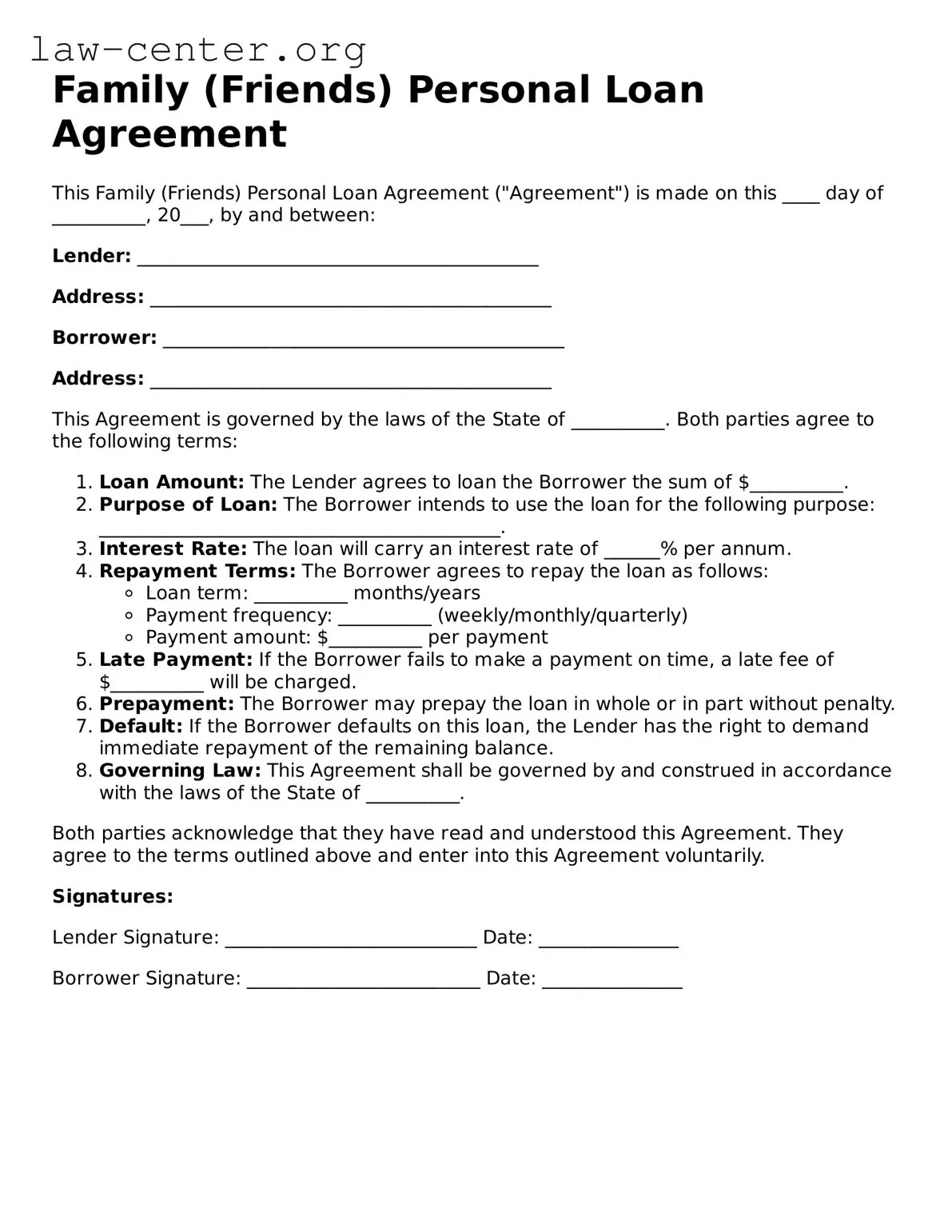 Free Family (Friends) Personal Loan Agreement Template
