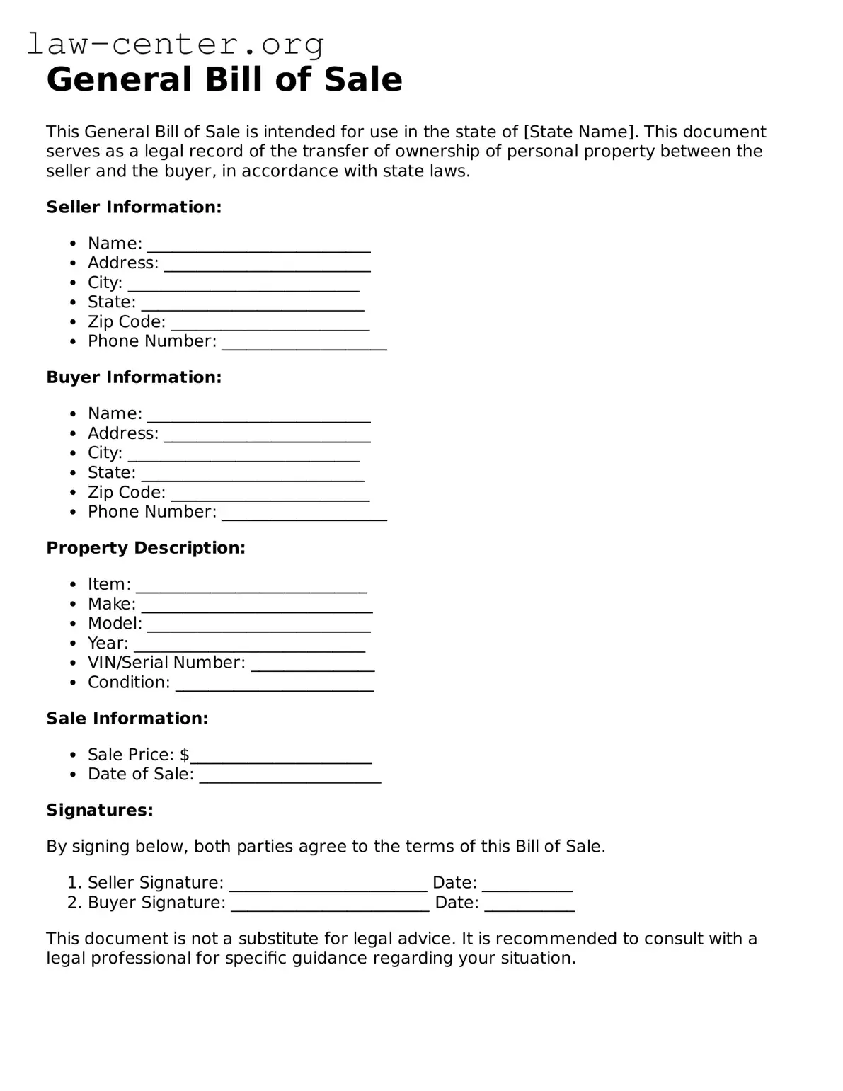 Free General Bill of Sale Template