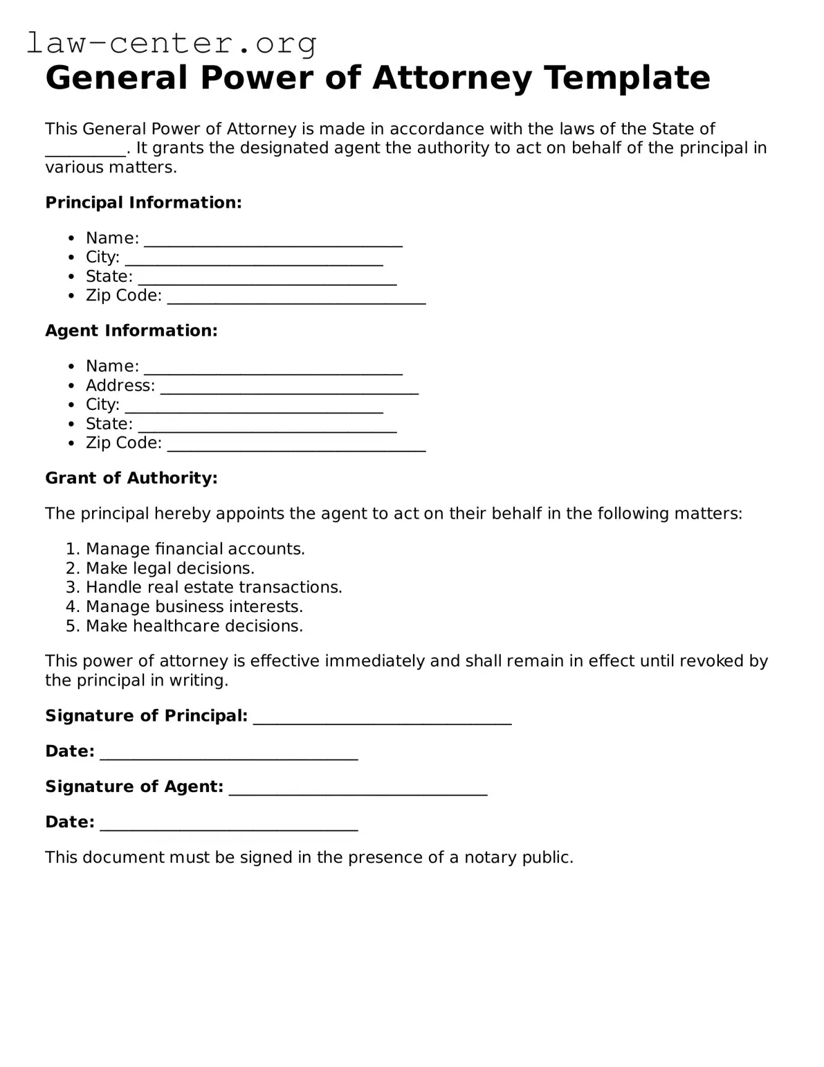 Free General Power of Attorney Template