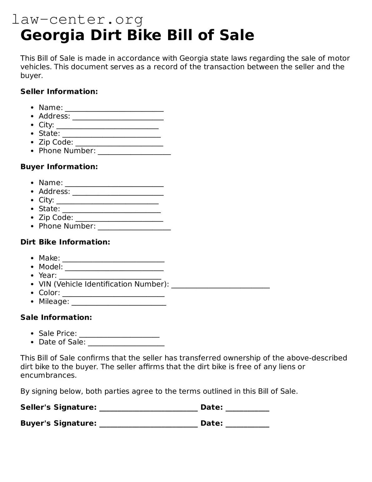 Attorney-Approved Georgia Dirt Bike Bill of Sale Document