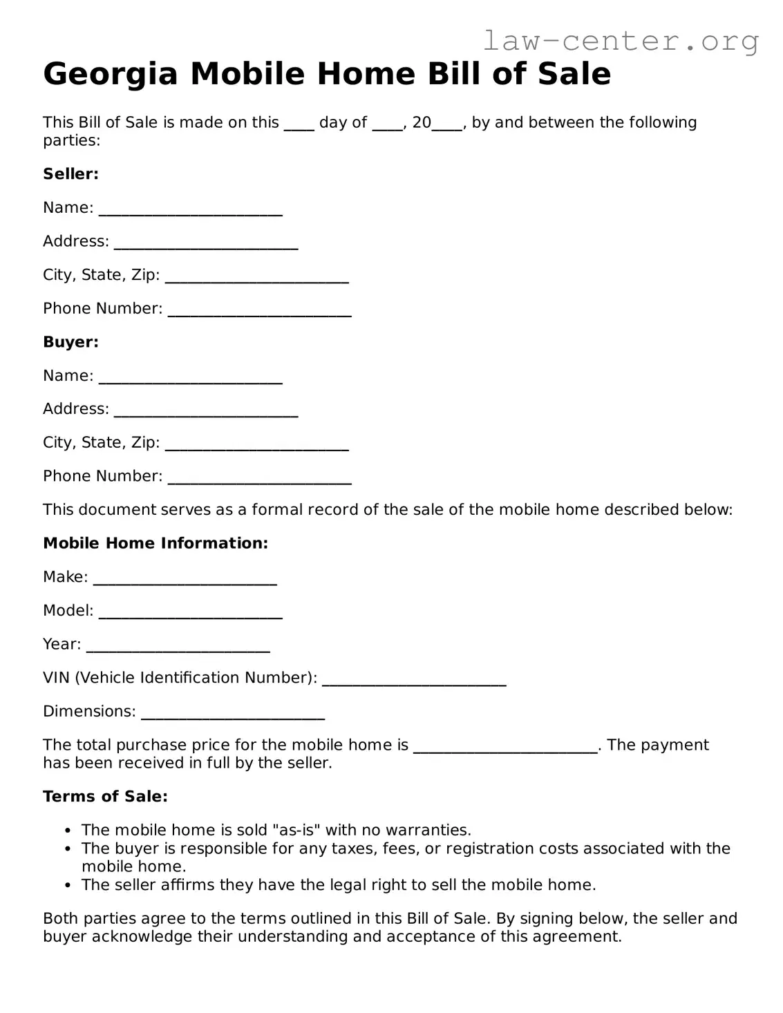 Attorney-Approved Georgia Mobile Home Bill of Sale Document