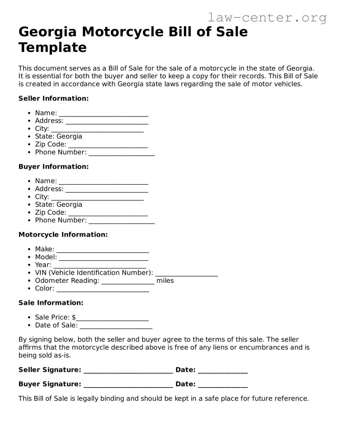 Attorney-Approved Georgia Motorcycle Bill of Sale Document