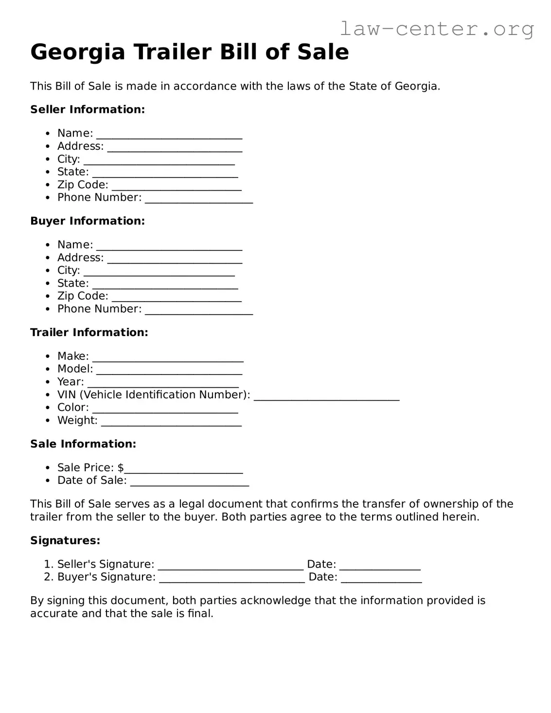 Attorney-Approved Georgia Trailer Bill of Sale Document