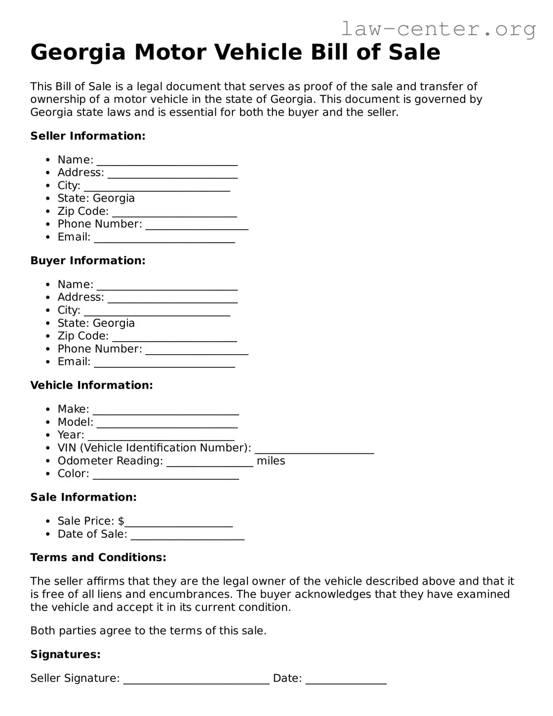 Attorney-Approved Georgia Motor Vehicle Bill of Sale Document