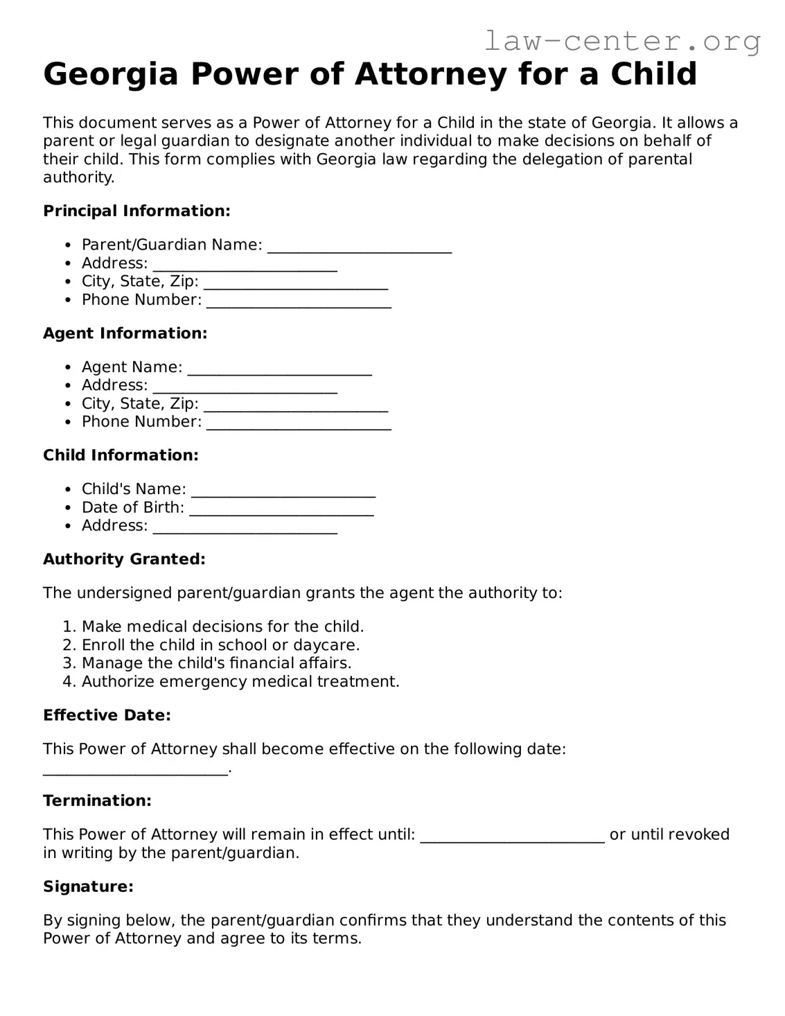 Attorney-Approved Georgia Power of Attorney for a Child Document