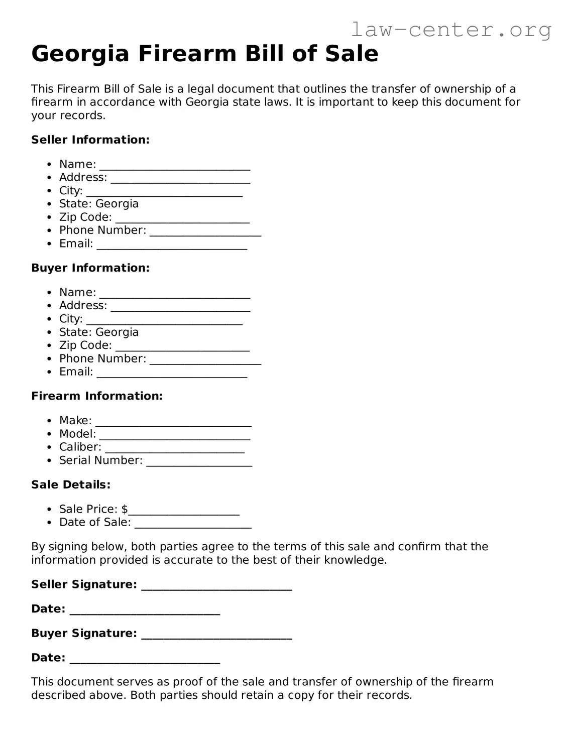 Attorney-Approved Georgia Firearm Bill of Sale Document